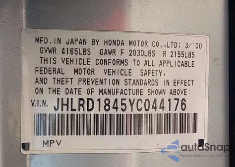 2000 Honda Cr-V Lx from USA, damaged, VIN JHLRD1845YC044176